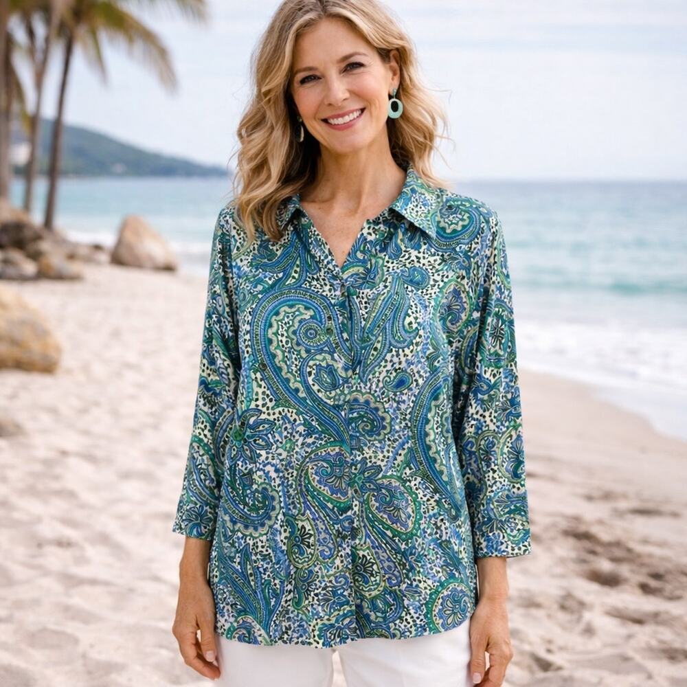 Chico's Blue Green paisley Long Sleeve No Iron  Button Down Shirt 2
